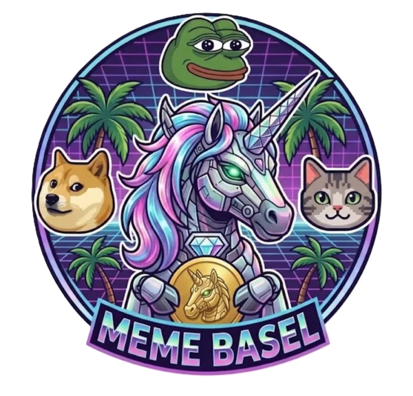 Meme Basel logo: a chrome synthwave unicorn holding a gold coin, ringed by Pepe, Doge and a pixel cat among neon palm trees